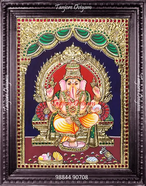 Handmade Lord Ganesha Tanjore painting with modak offerings gold foil pooja style traditional artwork